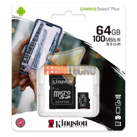 MEMORIA MICRO SD 64 GB CLASE 10+ADAPTADOR, CANVAS SELECT PLUS, KINGSTON