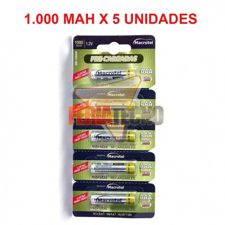 PILAS RECARGABLES AAA, 5 UNIDADES, 1000 MAH MACROTEL