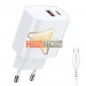 CARGADOR USB CORRIENTE DUAL PD, QC. CARGA RÁPIDA, CON CABLES USB-C, BLAN