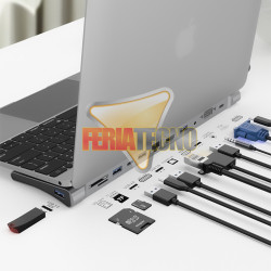 ADAPTADOR USB-C A HDMI, VGA, USB 3.0, RJ45(LAN), 3.5, 3 USB 2.0, SD, MICRO SD, 2 USB-C CARGA, UAB-C DATOS