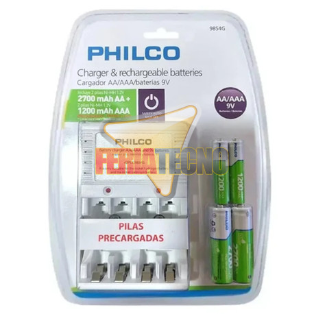 Cargador de Pilas AA AAA y Bateria 9V Incluye 2 AA + 2 AAA Philco